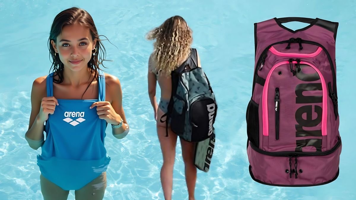 Mejores Mochilas para Natación Arena 2025 Banner con una nadadora y varios modelos de mochilas para natación Arena en una piscina.